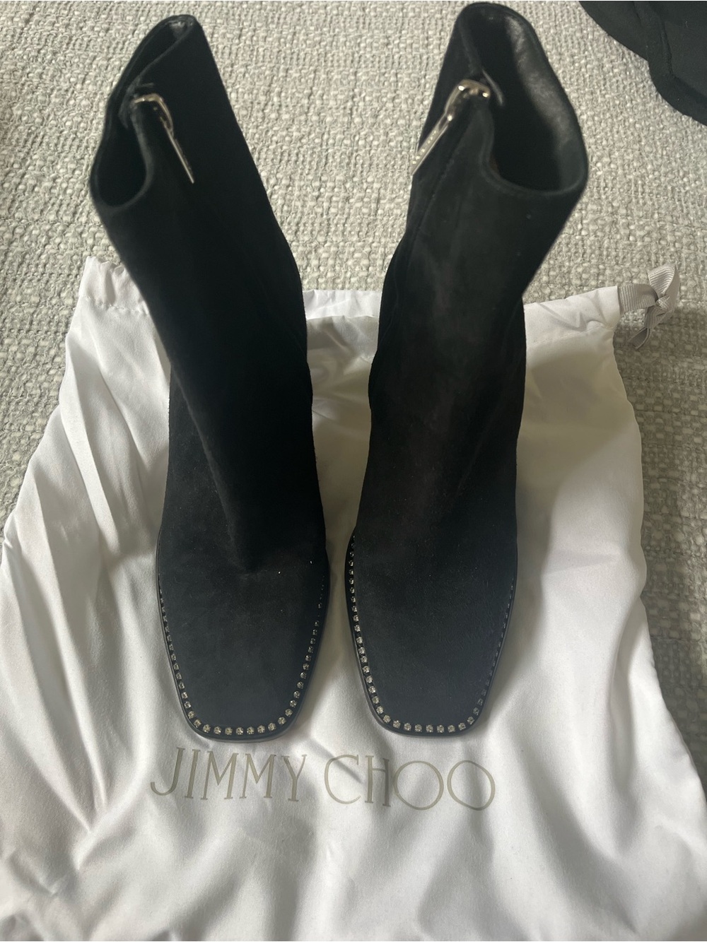 Jimmy Choo Black Suede Stud-Trim Square Toe Ankle Boots